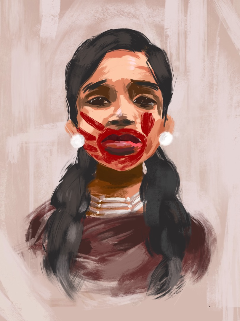 digital art red hand over mouth